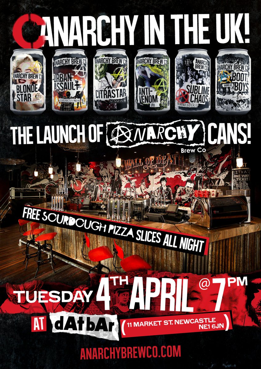 The launch of our cans <a href="/DATbarNewcastle/">dAt bAr</a> Tuesday 4th April from 7pm.

anarchybrewco.com/news/can-launc…

#beer # anarchy #can #newcastle #brewery