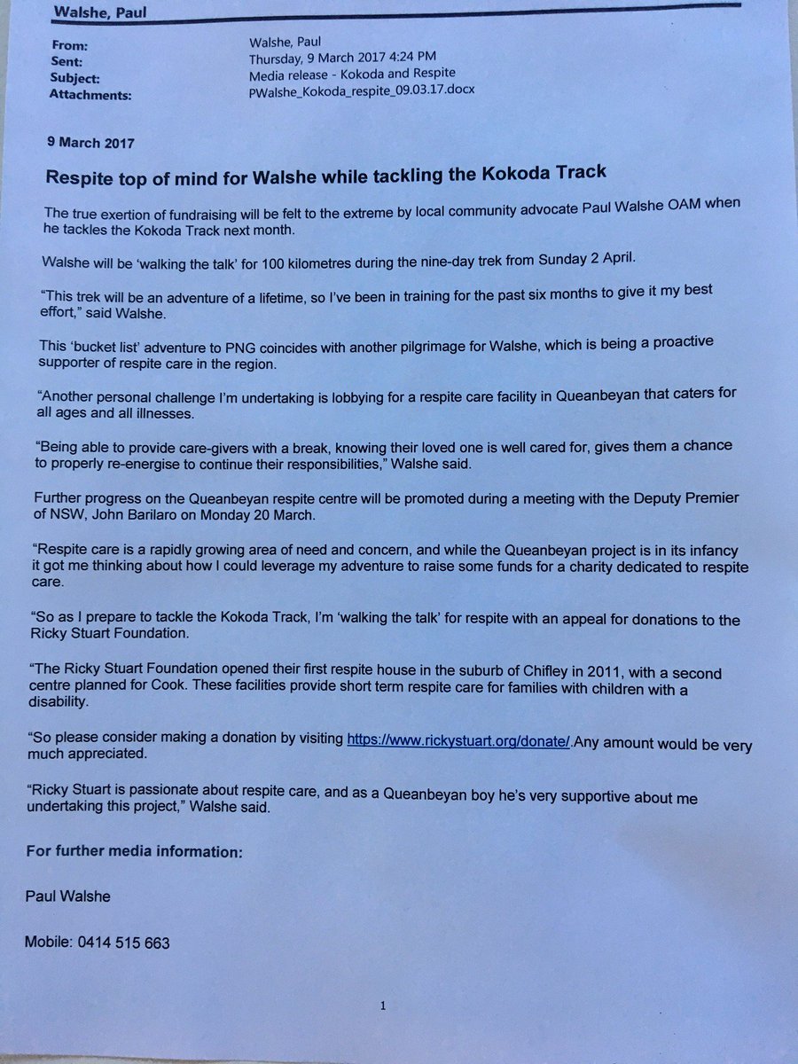 Just sent media release I'm walking Kokoda and raising funds for the Ricky Stuart Foundation donate rickystuart.org/donate/ <a href="/rickystuartorg/">Ricky Stuart Org.</a>