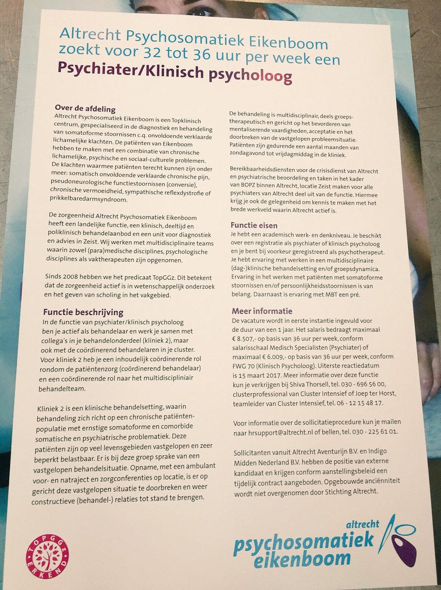 Psychosomatiek's tweet photo. Onze #vacature #psychiater #klinischpsycholoog gisteren ook gedeeld op symposium #topggz. Wie zoekt mooie baan op snijvlak somatiek/psyche? https://t.co/eXWwsqI4t3