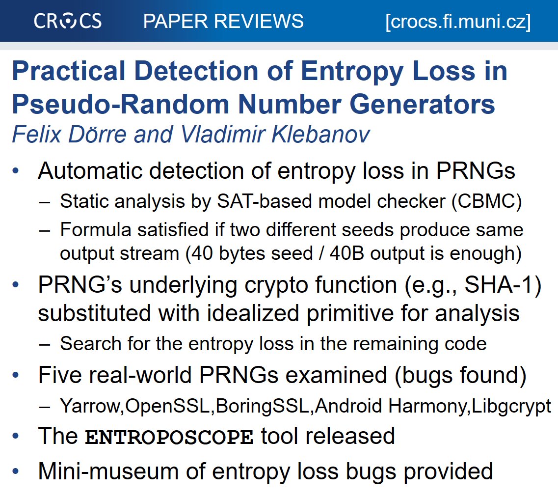 CRoCS_MUNI's tweet image. #paperclub #CCS16 SAT-based model checker to find entropy loss in #PRNG code. Known and new bugs found,5 libs tested formal.iti.kit.edu/klebanov/pubs/…
