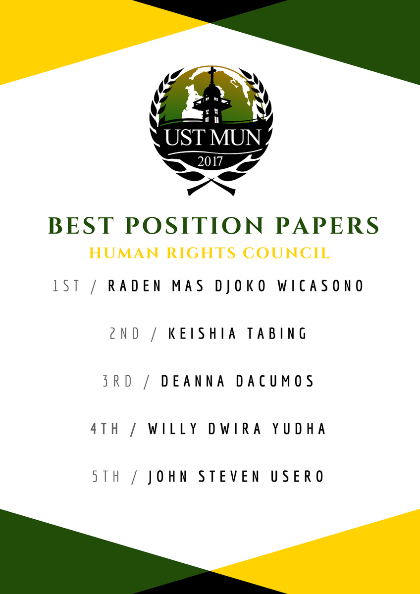 USTMUN's tweet photo. Best Position Papers. Congratulations, everyone! #USTMUN2017 https://t.co/IdL0jYF326