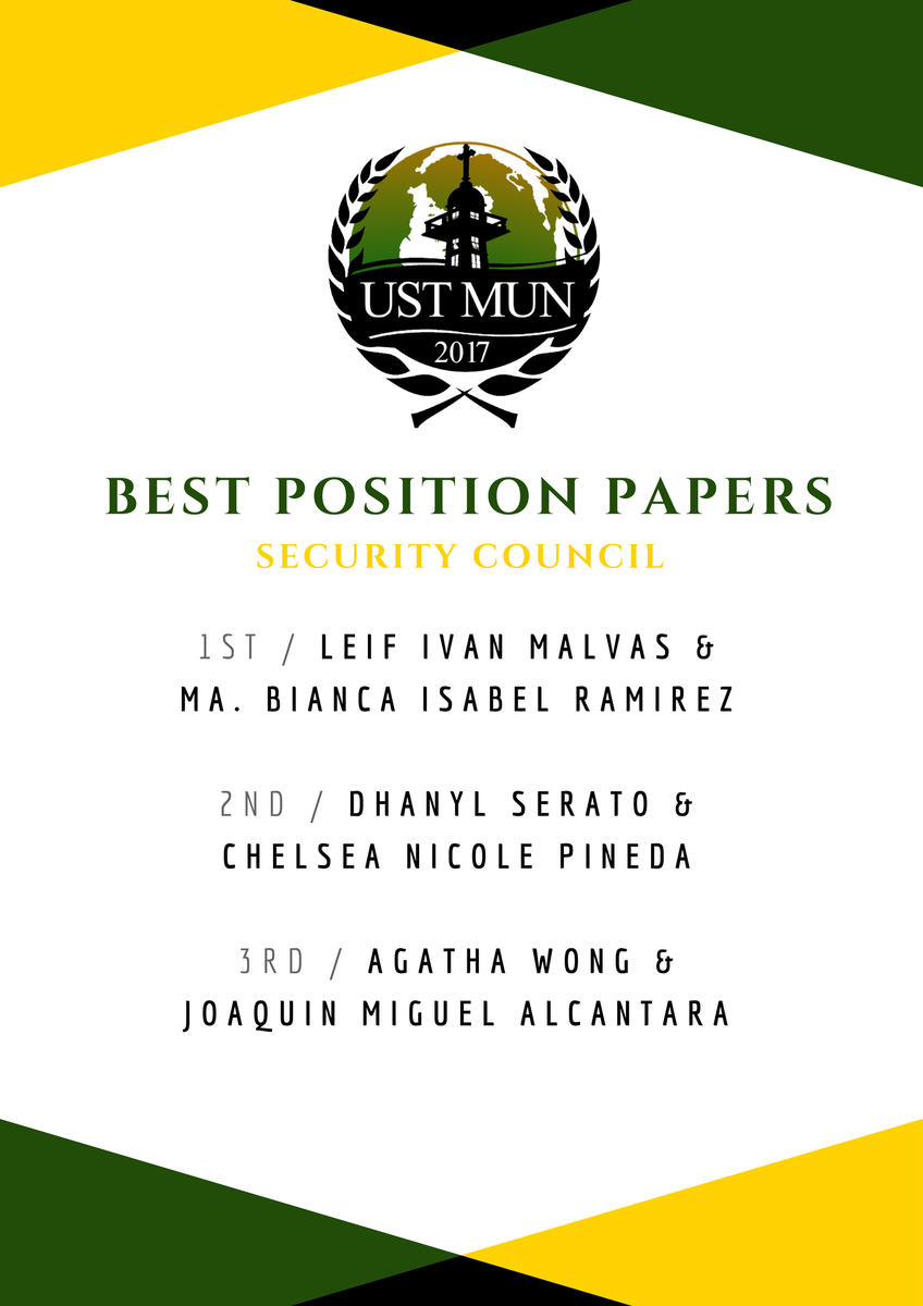 USTMUN's tweet photo. Best Position Papers. Congratulations, everyone! #USTMUN2017 https://t.co/IdL0jYF326