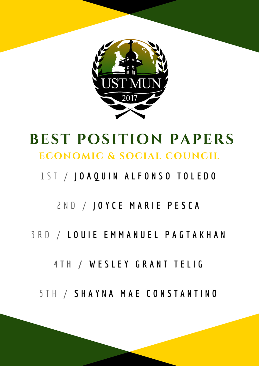 USTMUN's tweet photo. Best Position Papers. Congratulations, everyone! #USTMUN2017 https://t.co/IdL0jYF326