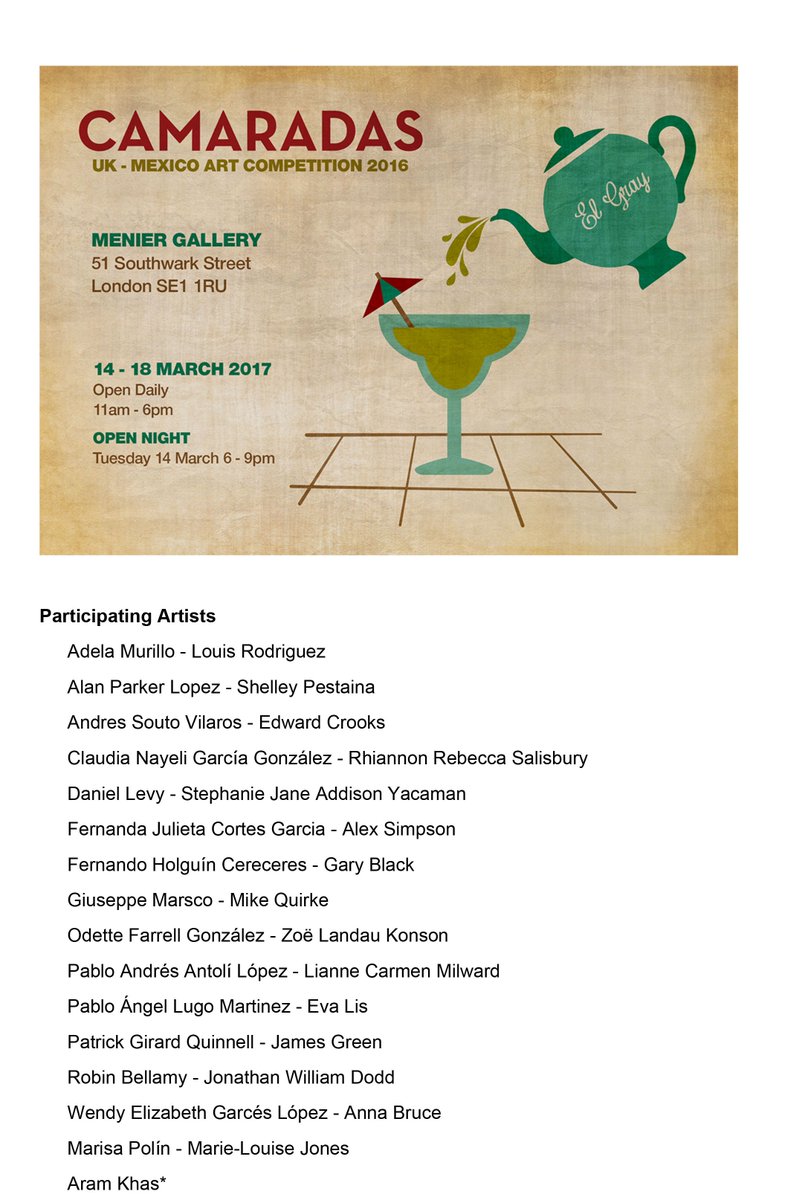 Camaradas <a href="/Menier_Gallery/">Stephen@MenierArt</a> <a href="/Menier_Gallery/">Stephen@MenierArt</a> sponsored by <a href="/Embamexru/">Mexican Embassy UK</a> 14 - 18 March