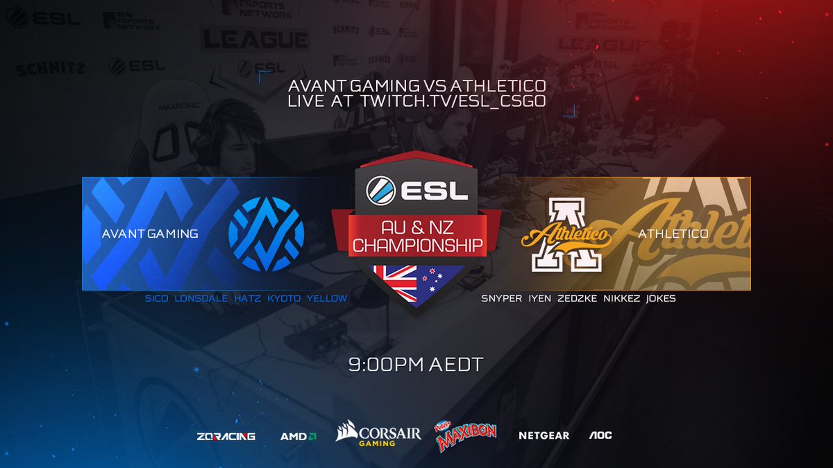 [#CSGO] Only 1 hour until AV.CSGO take on <a href="/AthleticoES/">Athletico</a> in the <a href="/ESLAustralia/">ESL Australia</a> AU &amp; NZ Championships! Watch it live at twitch.tv/esl_csgo