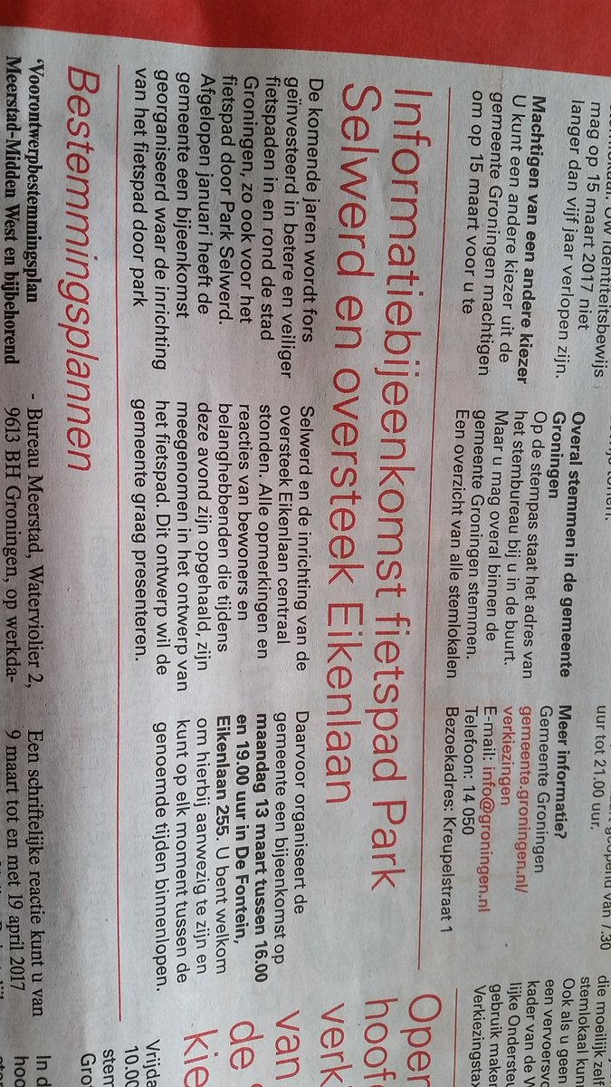 Op 13 maart kunt u het ontwerp voor het fietspad Park Selwerd en de fietsoversteek aan de Eikenlaan bekijken.