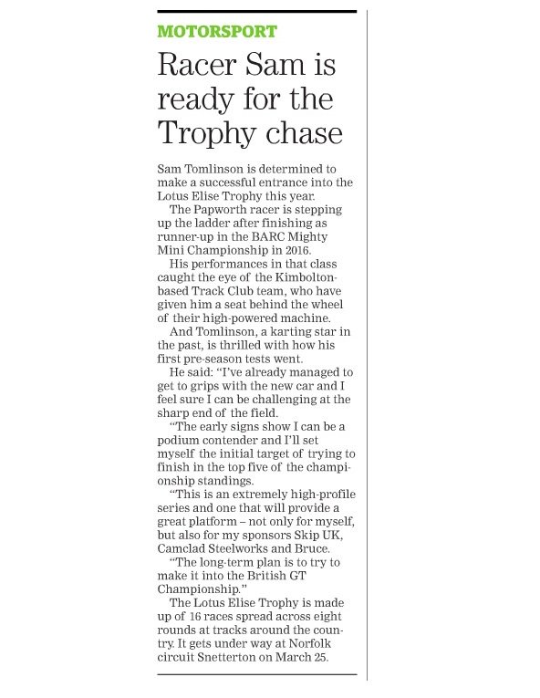 SkipUKRacing's tweet photo. Thanks @huntspostsport @huntspost for the coverage this week! Bring on March 25th @ @SnettertonMSV! 👊👍 #lotuscup #huntspost #motorsport https://t.co/PHAxDxc31S