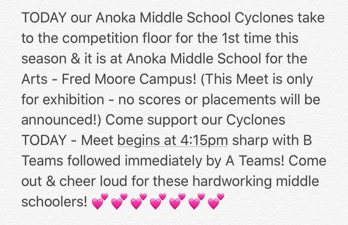 AnokaTwisters's tweet photo. Today is the day for our Cyclones! Come support our middle schoolers!  4:15 TODAY @ the Fred Moore Campus! 💕💕💕 https://t.co/lxZiEOp1Cg
