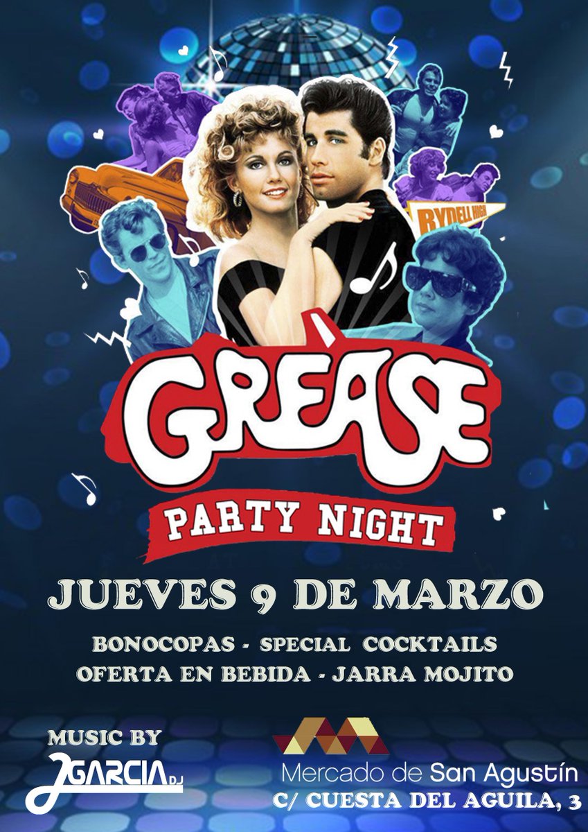 MercadoSanAgust's tweet photo. ¿Preparad@ para esta noche? #FiestaGREASE con la música que marcó una época! #mercadodesanagustin #djJaviGarcía #dance #show&drinks https://t.co/4hJmSVL7jr