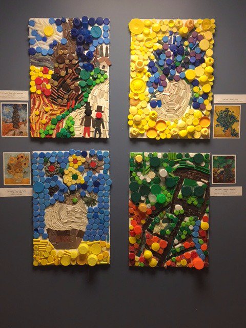 serenaperkins14's tweet photo. 8th grade Williston Visual Art students create Van Gogh reproductions using plastic bottle caps and recycled rubber materials. https://t.co/OVl27e647C