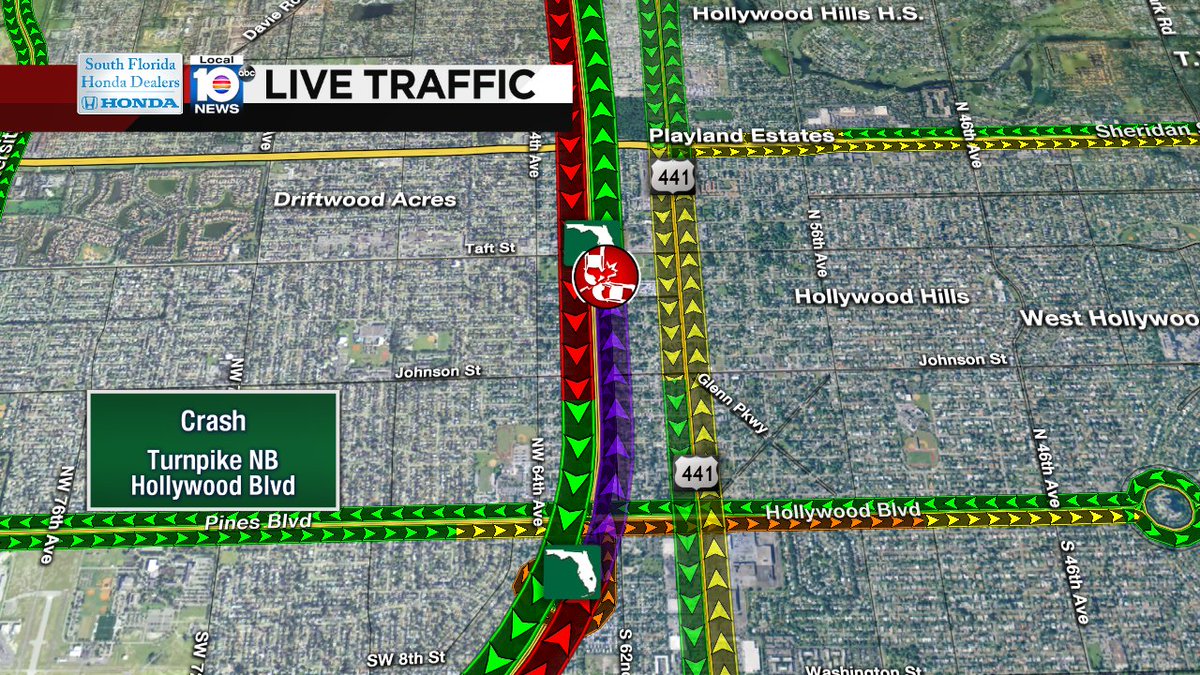 Crash has Turnpike NB SHUT DOWN at Hollywood Blvd. Alt: US-441 / University Dr #trafficalert https://t.co/ATS2cvp3GJ