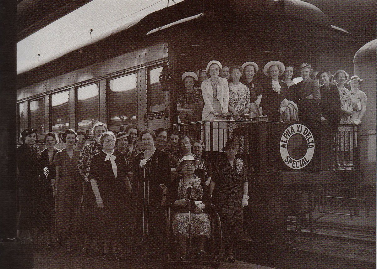 alphaxidelta's tweet image. #ThrowBackThursday All aboard! This Alpha Xi Delta train left in 1937 for National Convention at Yellowstone Park!