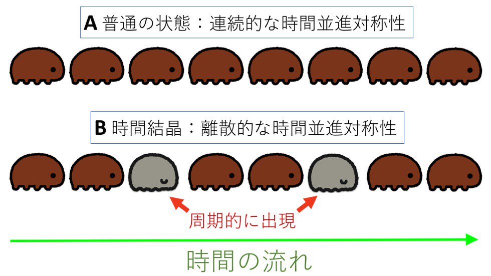 クマムシさん Akicolon 時間結晶 つまり離散的な時間並進対称性のことだね ふつうの連続的な時間並進対称性では たとえばどの時間で観察しても ぼくは活動状態でいるとするよ でも時間結晶では周期的にぼくが 乾眠 の状態で現れる これが 物質で