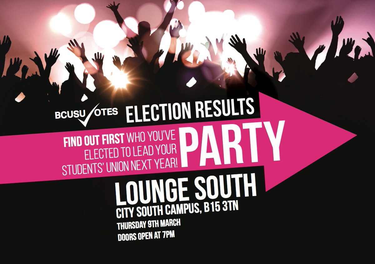 BCUSU's tweet photo. TONIGHT - HISTORY WILL BE MADE!

Come along to our Election Results Party at 7pm!

Lounge South - B15 3TN

#Represent! #GetSetToStand https://t.co/6pTBSHMyB5