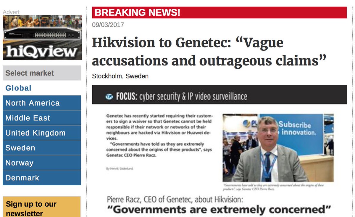 armediapublish's tweet photo. "Vague accusations and outrageous claims" replies @HikvisionHQ on the @genetec CEO:s comments in Detektor #SWHint
https://t.co/gmNa4jhfaM https://t.co/6tuoJNMLmz