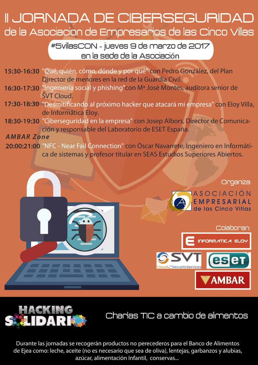 Empresarios5V's tweet photo. Hoy 15:30 II Jornadas de #Ciberseguridad de la #AECV https://t.co/4Ii2ScHANH @informaticaeloy @petruxIT @JosepAlbors @MMontesDiaz @Navaguay https://t.co/BHznLUCtOG