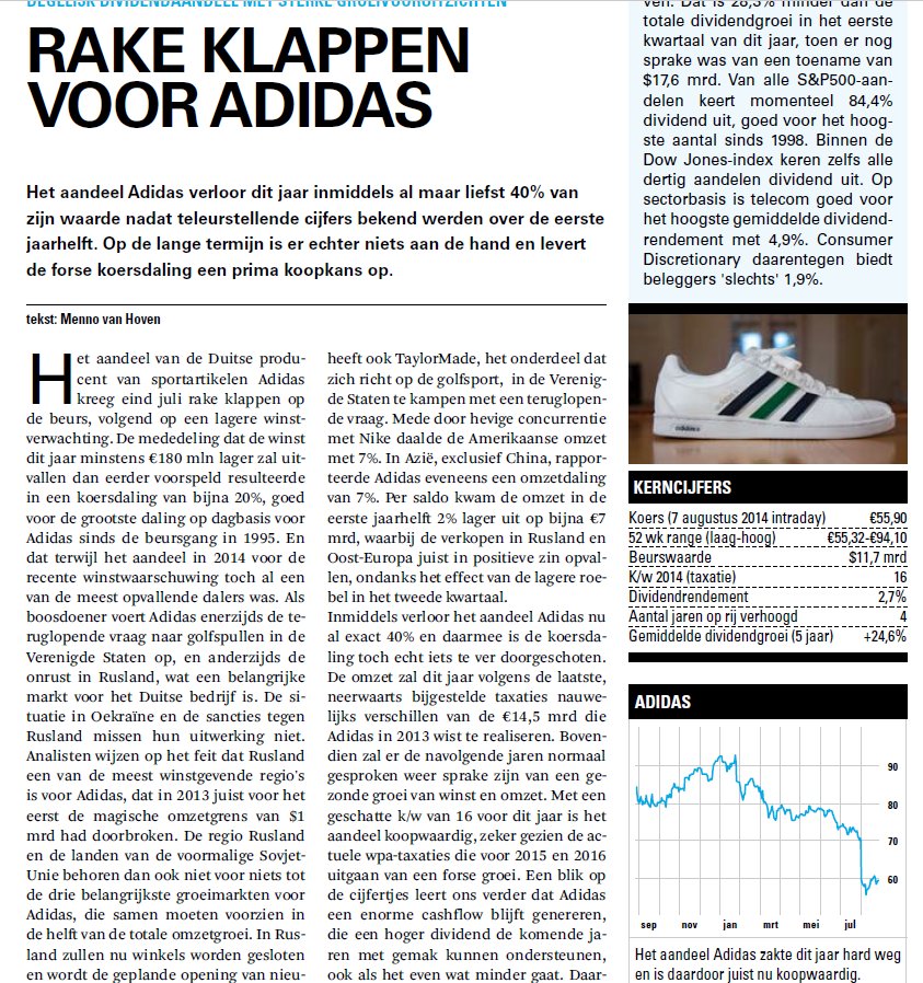 Menno van Hoven on Twitter: "#Adidas verhoogt dividend nog maar eens met 25%. Aandeel nu op €178. Kooptip Augustus 2014 was op €55,90. Klassieke buy the dips. https://t.co/Az8qQWomIn" Twitter