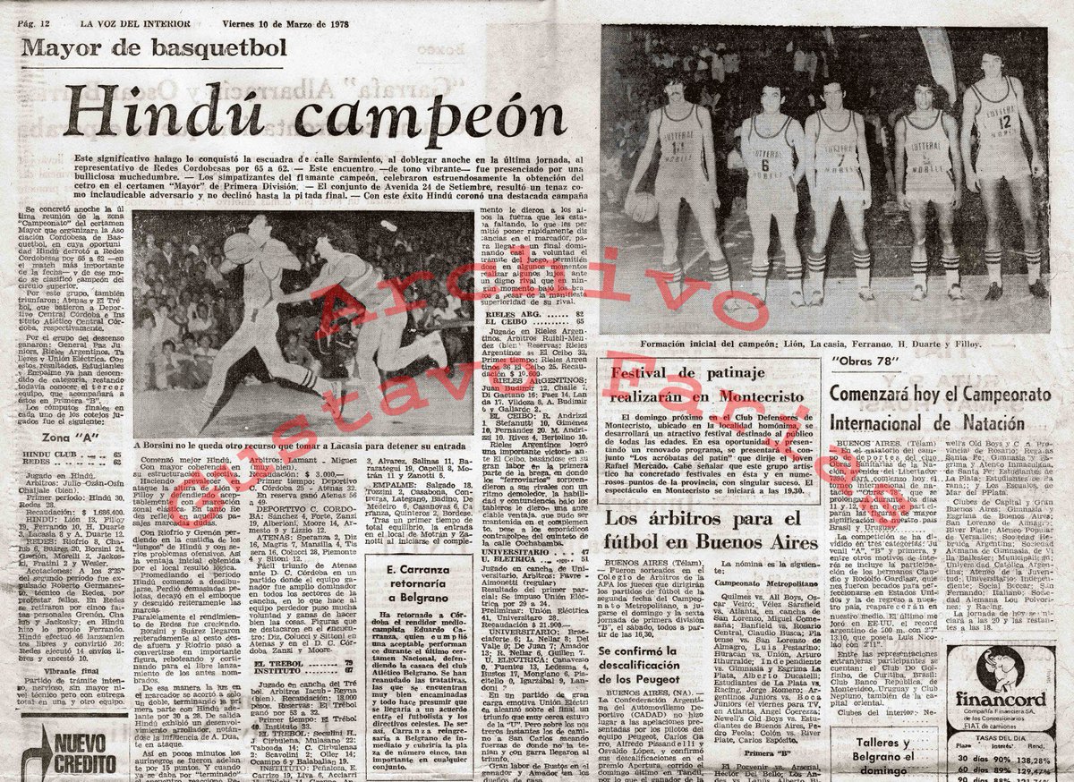 gfarias_MundoD's tweet photo. Hace 39 años (9/3/1978) @HinduClubCba ganaba por 2ª vez el Oficial de la ACBB al vencer a Redes Cordobesas 65-62 en la final. https://t.co/huwxPqoNEp