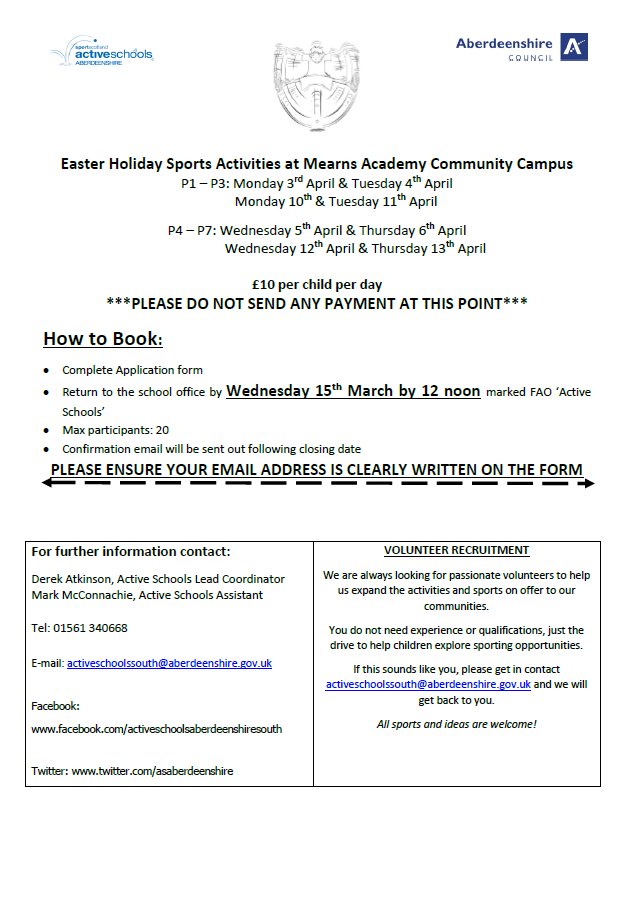 Active Schools & CSH Aberdeenshire (@asaberdeenshire) on Twitter photo <a href="/luthermuirps/">Luthermuir PS</a> <a href="/MarykirkPS/">Marykirk School</a> <a href="/FettercairnSch/">Fettercairn Primary</a>
Mearns Easter Sports Camp
Contact Derek or Mark to book a space
#multisports #mearns #primary <a href="/luthermuirps/">Luthermuir PS</a> <a href="/MarykirkPS/">Marykirk School</a> <a href="/FettercairnSch/">Fettercairn Primary</a>
Mearns Easter Sports Camp
Contact Derek or Mark to book a space
#multisports #mearns #primary
