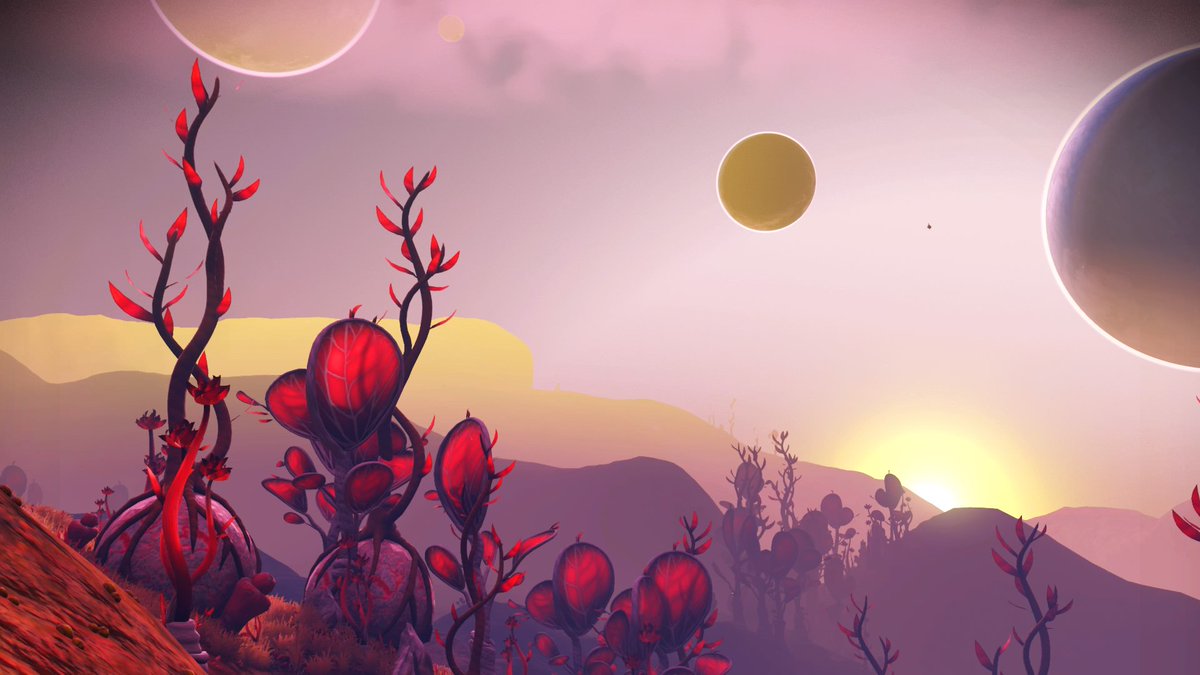 BAMbam757Gaming's tweet photo. A poisonous sky of 4 planets &amp; a moon, blasting space pirates &amp; a purple sunset. #NoMansSky @NoMansPics #NMSHub https://t.co/YGELByZ09d
