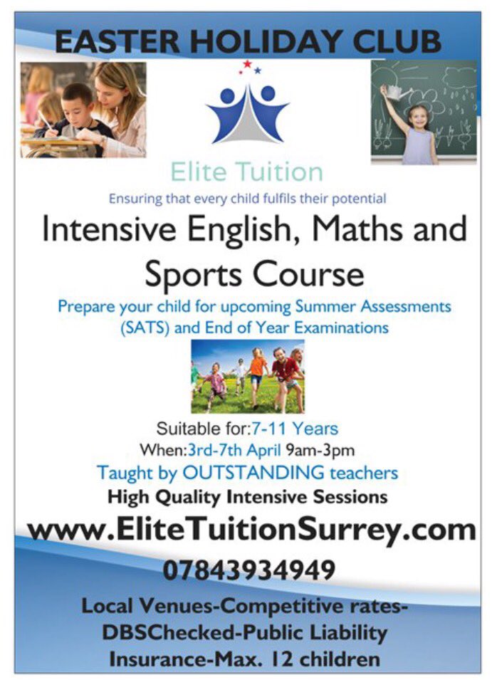 TutorsElite's tweet photo. @SurreyFamilyMag @WokingFamilyMag 
Make the most of our early bird offer and book by the 10th March to receive a 10% discount!✅ https://t.co/ICjXaZ6p1n