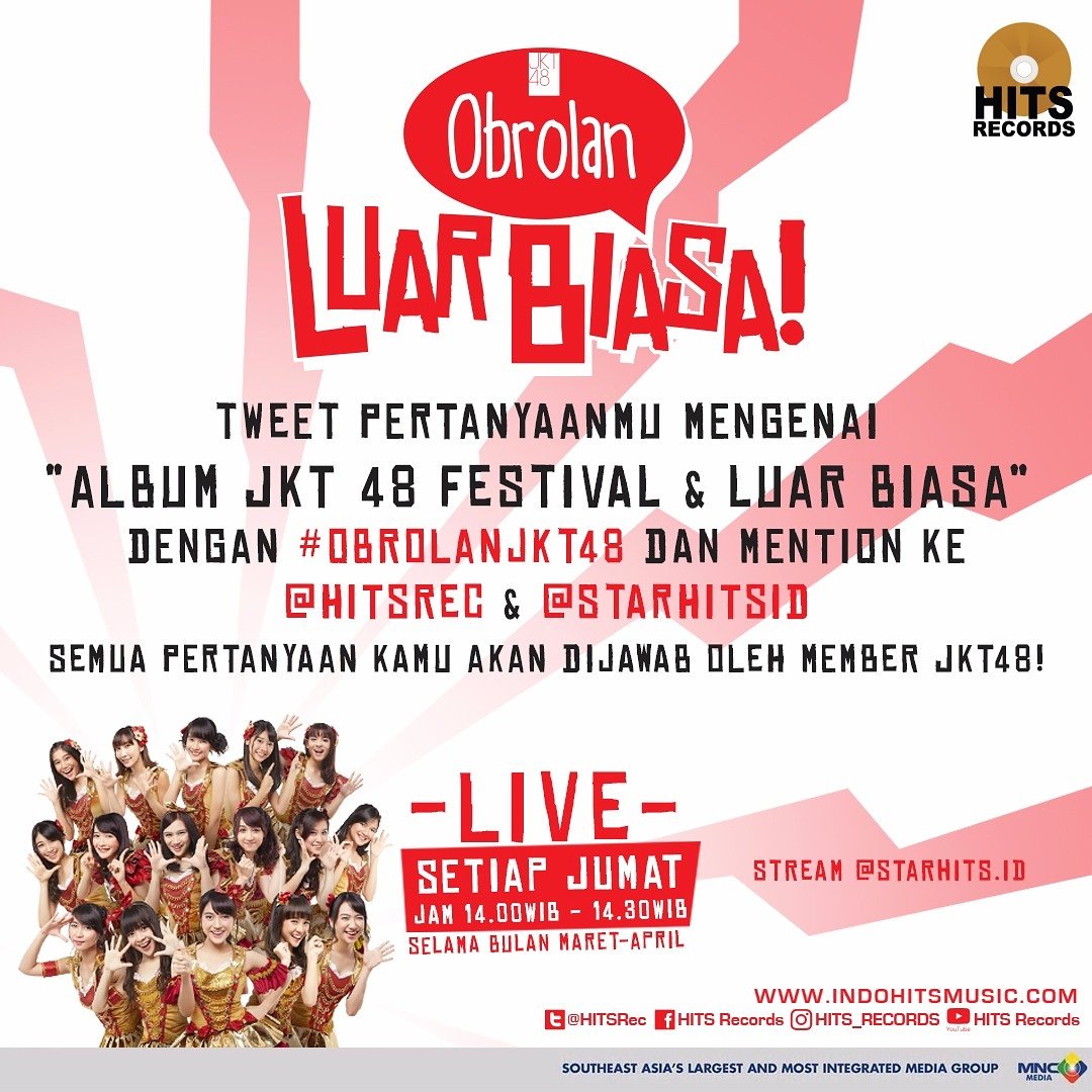 officialJKT48's tweet photo. #OBROLANJKT48 Live tiap Jumat, pukul 14.00 WIB selama Maret - April. Streaming: @StarHitsID https://t.co/vd912NSjyK