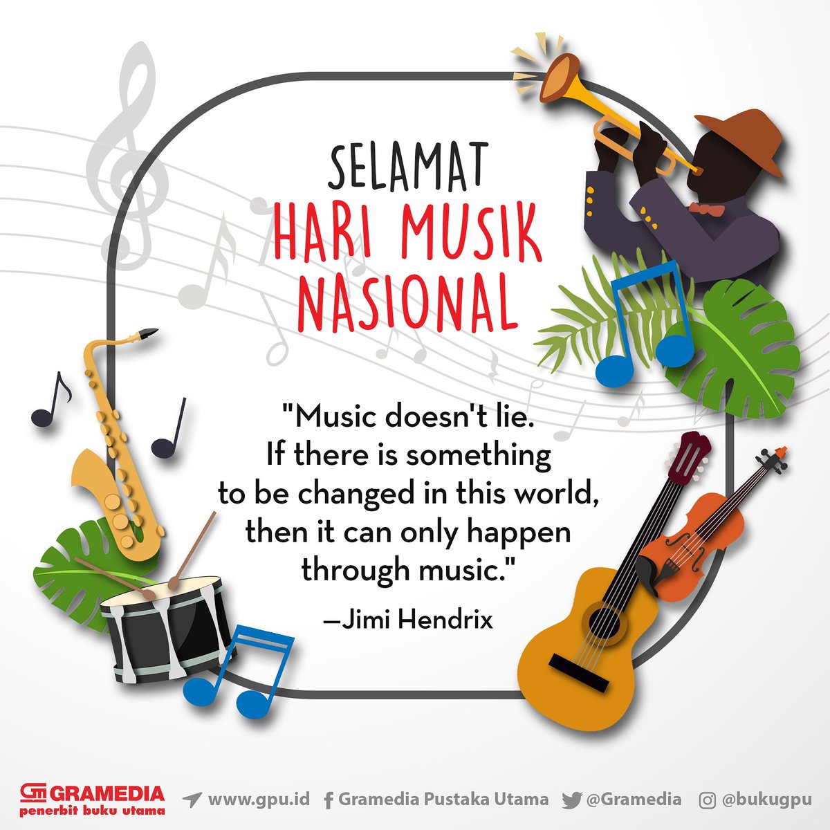 bukugpu's tweet photo. Selamat Hari Musik Nasional! Musik adalah kejujuran dan keriuhan nada-nada yang tercipta, yang sanggup mendamaikan semesta. 😊 https://t.co/bqm3mgpjc7