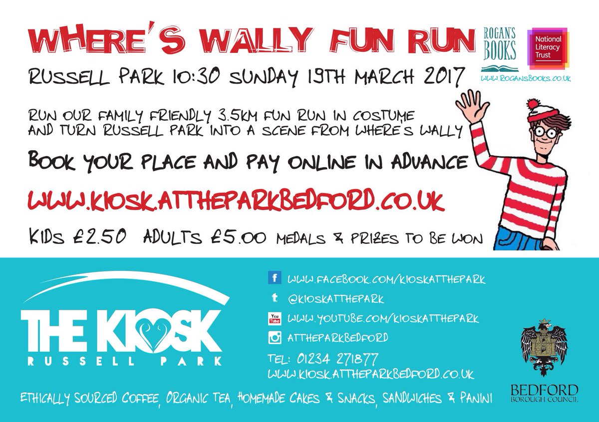 kioskinthepark's tweet photo. Please share @Literacy_Trust #charity #funrun #russellpark #bedford 19th March all welcome - https://t.co/73IBcOStYB #whereswally https://t.co/jOaQIpgHaM