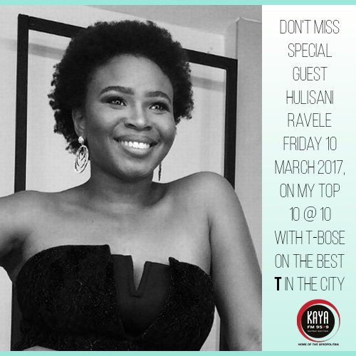 KayaON959's tweet photo. Join us live and on air, @HulisaniRavele on #MyTop10At10 tomorrow morning with @tboseZA Don't miss it. #Afropolitans #HerSummer #MyTop10at10 https://t.co/V8a9ivdOfz