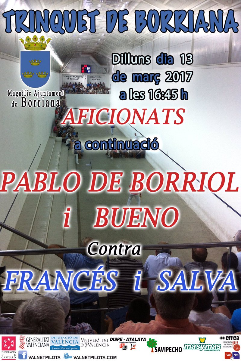 Gran cartell el dilluns 13/3/17 @pilotaveu <a href="/ElJocDelPoble/">El Joc Del Poble</a> @pilota_2_0 <a href="/DipuEsport/">Castellón, Escenario Deportivo</a> @ajborriana <a href="/pablo_linares93/">Pablo de Borriol</a> <a href="/vicbuegi/">Bueno de Meliana</a> #pilotavalenciana