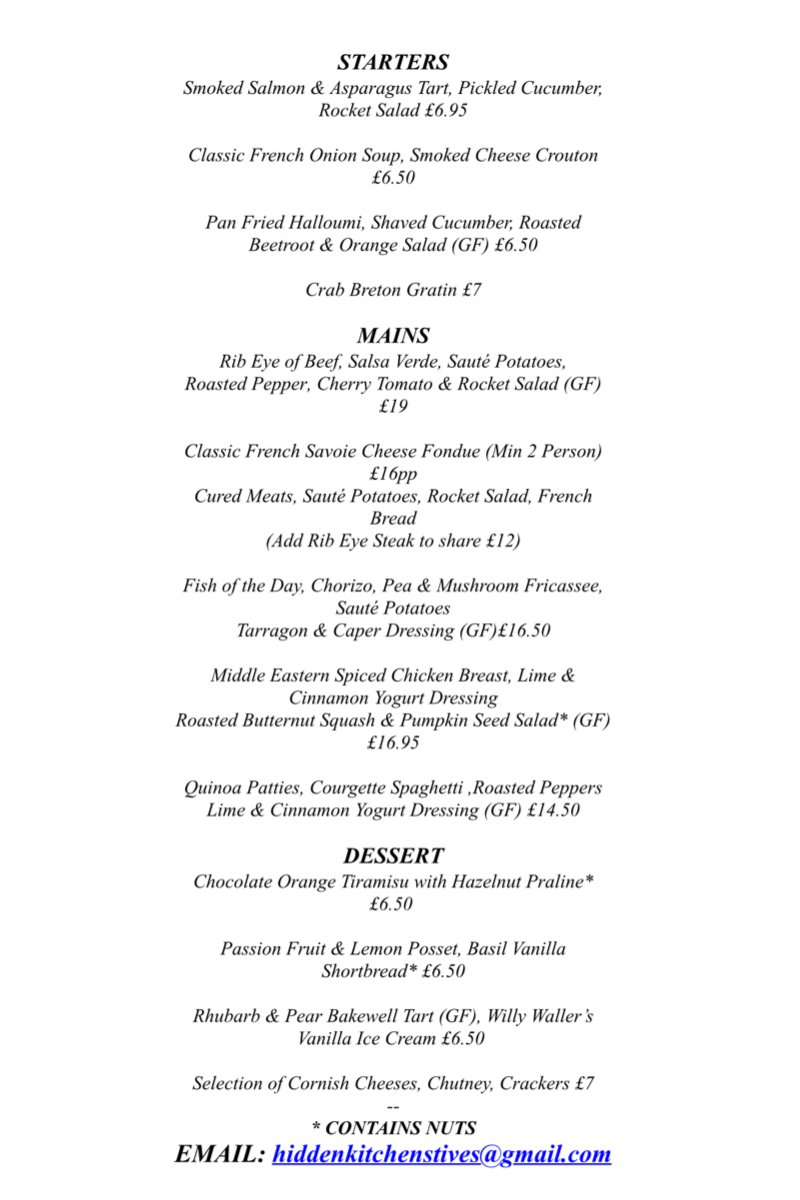 HiddenStIves's tweet photo. March Menu is up! Open Thurs-Sat, 6pm till Late- Booking Essential! #hiddenkitchen #menu #march #spring #stives #whatson #lovecornwall https://t.co/p9D8d09PkK
