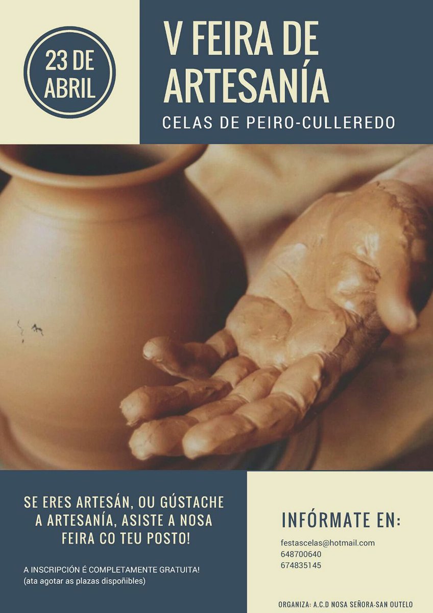 Culleredo's tweet photo. Os amig@s de @FestasCelas celebran a súa V Feira de #Artesanía o 23 de abril. Inscrición gratuíta! Máis info en festascelas@hotmail.com https://t.co/iM1gLmp8oR