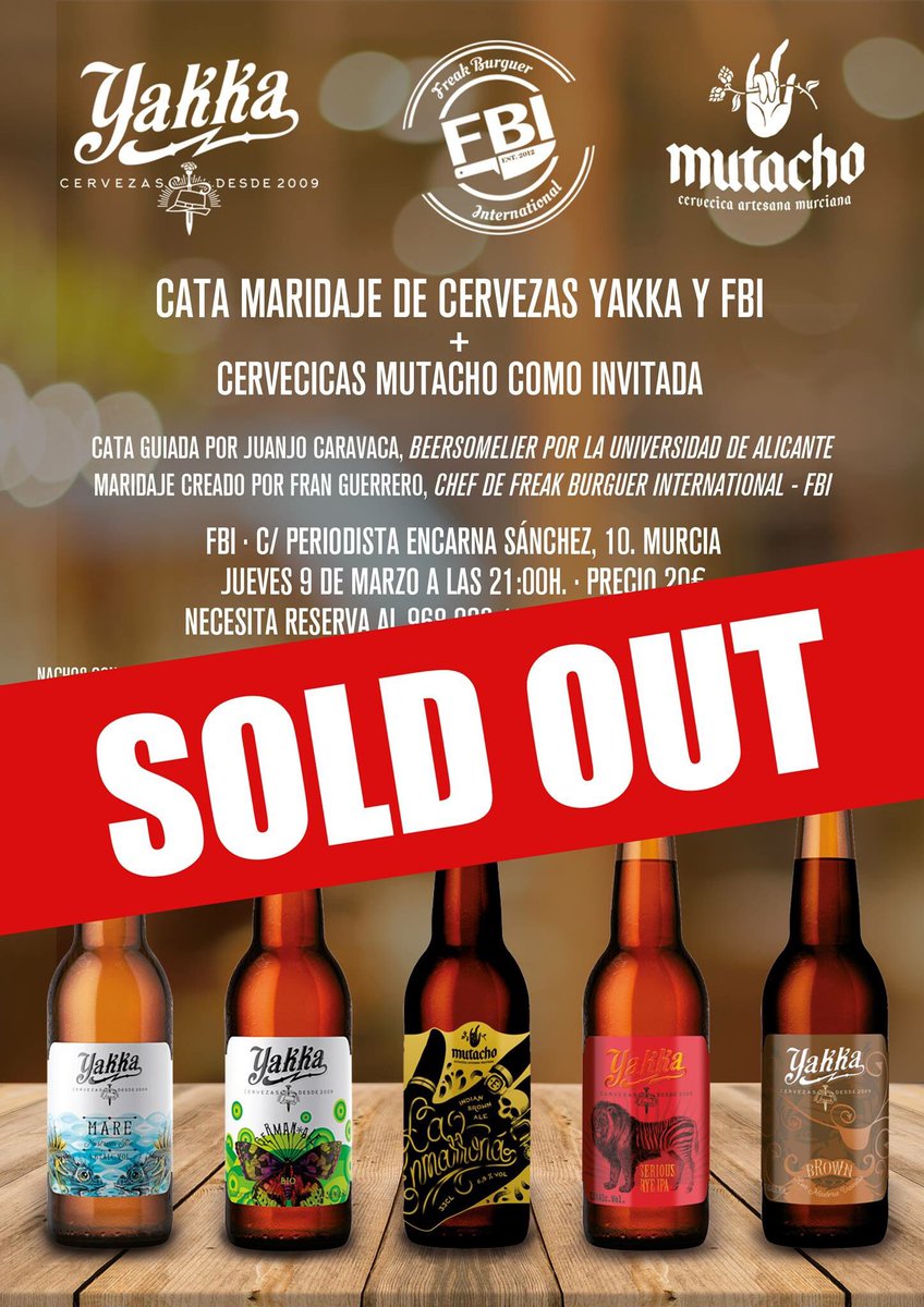 cervezasmutacho's tweet photo. Como veníamos avisando... #Soldout  para la #CataDeCerveza de esta noche en @FreakBurguerInt con #cerveza #Yakka y #Mutacho #Murcia #AGozar https://t.co/sQoYXBVTSN