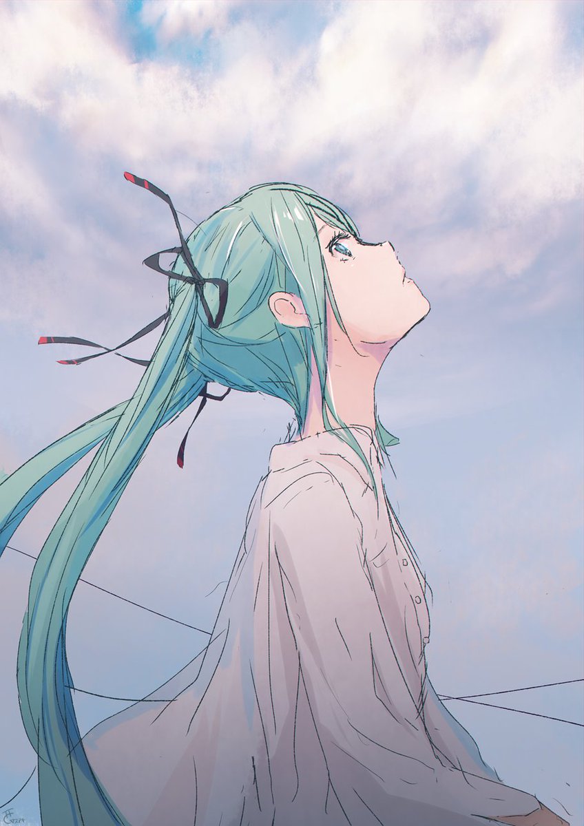 hatsune miku 1girl solo long hair looking up twintails sky cloud  illustration images
