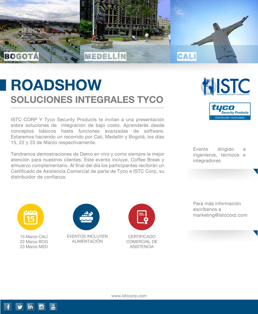 alasseguridad's tweet photo. 'Soluciones Integrales Tyco' será el Roadshow
de @TycoSecurityPro e @ISTCCorp en #Colombia en marzo. marketing@istccorp.com https://t.co/ZZ340JmZet