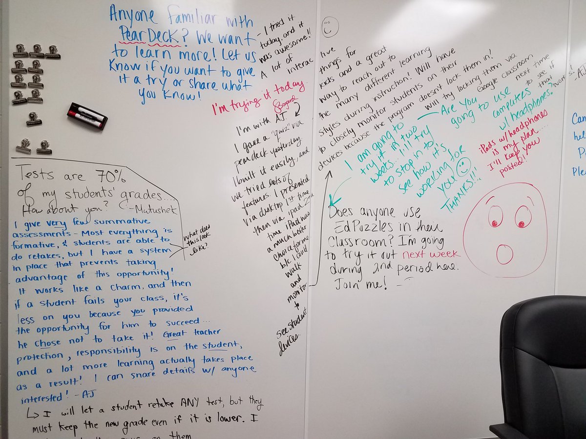 BravesCollab's tweet photo. The whiteboard is getting a workout in the Collab Lab this week. We're talking #peardeck, #edpuzzles, and summative vs formative #feedback. https://t.co/N2PKvxL5ge