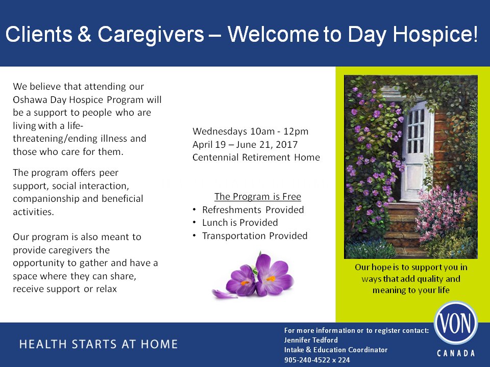 von_durham's tweet photo. Join our Spring Day Hospice Program! @Hearth_Place @CCS_Durham @TheHSF @ALSCanada @LakeridgeHealth @CentralEastLHIN @CECCAC @DDHCS1 https://t.co/dJrapMdTbO