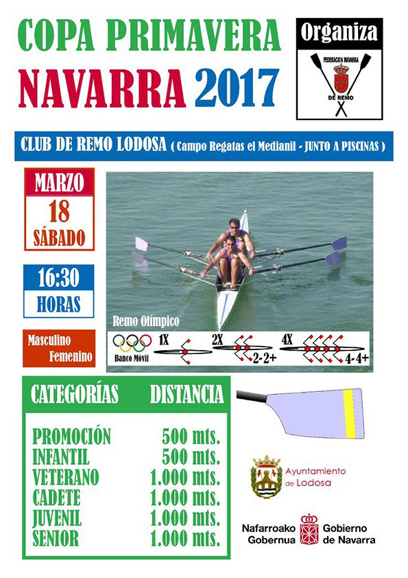 fnavremo's tweet photo. El sábado 18 de marzo se celebrará en #Lodosa la I COPA PRIMAVERA de #NAVARRA #Remo
Regata abierta a clubes de otras comunidades autónomas. https://t.co/vhY6YU2EPh