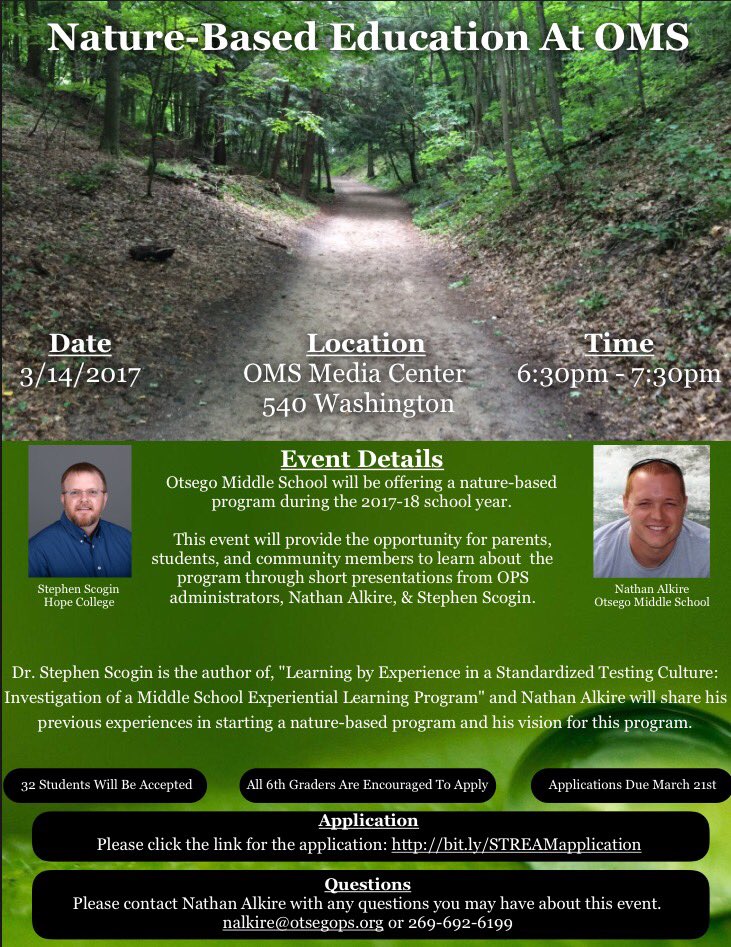 alkire14's tweet photo. Attention @OtsegoSchools 6th grade parents & Ss! Join us as we discuss a new, nature-based program @mkoenig72 @OPSCurriculum #otsegorocks https://t.co/xcfy75fISh