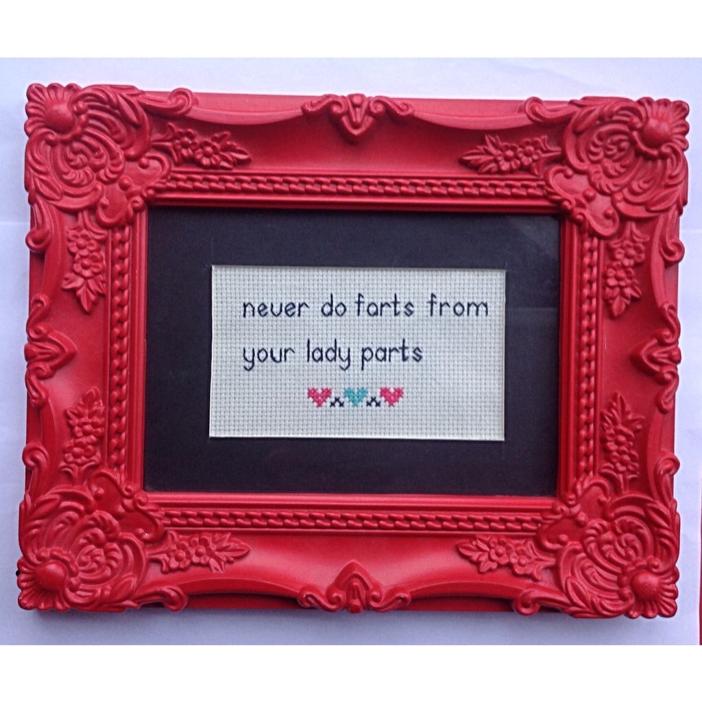 TheDevilsDumpl1's tweet photo. Wise words from The Devils Dumplings, 'never do farts from your lady parts' cross stitch from https://t.co/757F28CngL #ladiescoffeehour https://t.co/rtdnGBmm1W