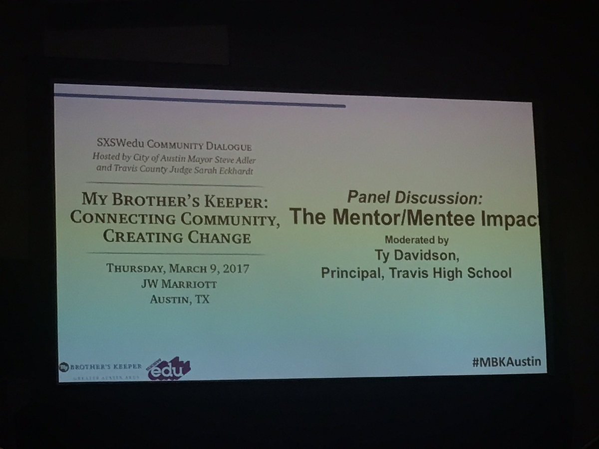 david_kauffman's tweet photo. Principal Ty Davidson of @TravisRebels takes the #MBKAustin #SXSWEdu stage to facilitate the mentor/mentee panel. https://t.co/rNHdlTKRoM