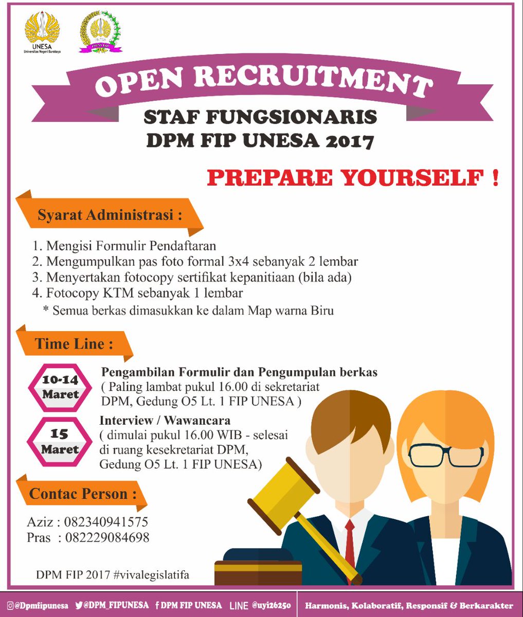 OPEN RECRUITMENT STAFF FUNGSIONARIS DPM FIP UNESA 2017
Download formulir pendaftaran di docs.google.com/uc?export=down…
#dpmfipunesa2017