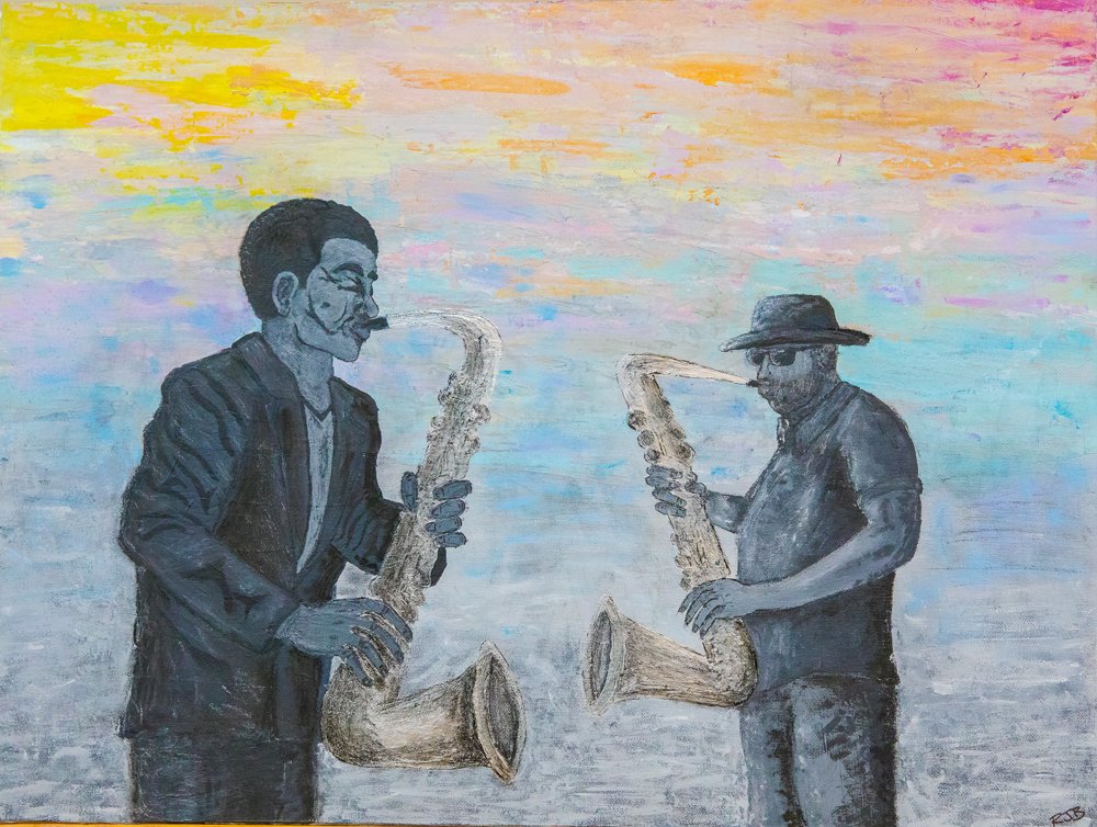 waterloojazz's tweet photo. Excited to show off our 25th #localart! Such colour. Such sparkle. Such cheekbones! Thanks @ryanbrooks82 #waterloojazz #festival #music https://t.co/BKR9VtDeZU