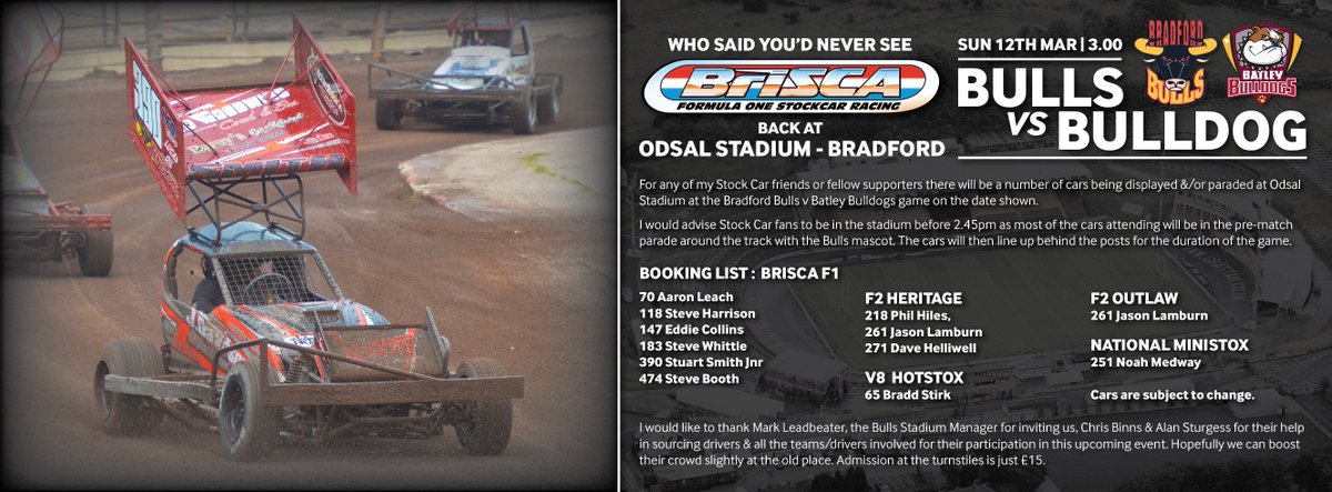 Stock Car at #odsal again..never! check this out on Sun! <a href="/BriSCAFormula1/">BriSCAF1</a> <a href="/OfficialBullsRL/">Bradford Bulls</a> <a href="/stuartsmith390/">Stuart Smith Jnr</a> thanks to #PGPICS for organising
