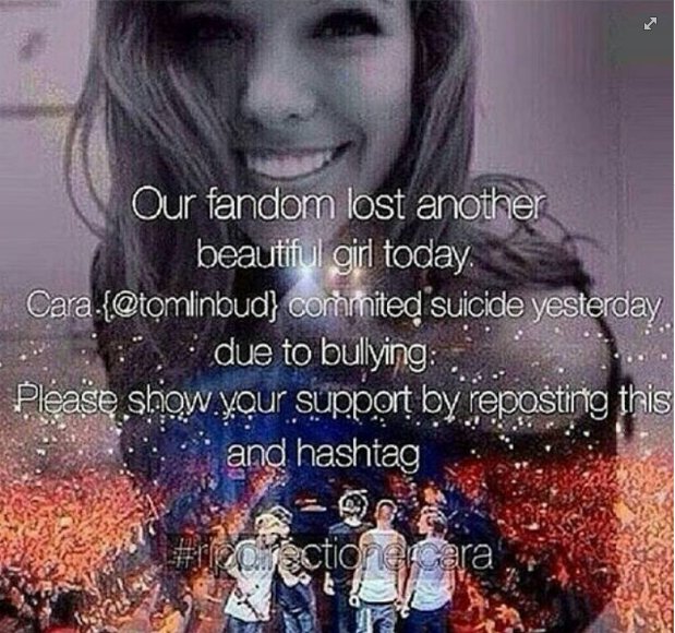 PamelaShayne1D's tweet photo. We just lost an angel. π This beautiful directioner committed suicide bcoz of bullying.
#RIPdirectionercara #StopBullying https://t.co/2f4siDMTwm