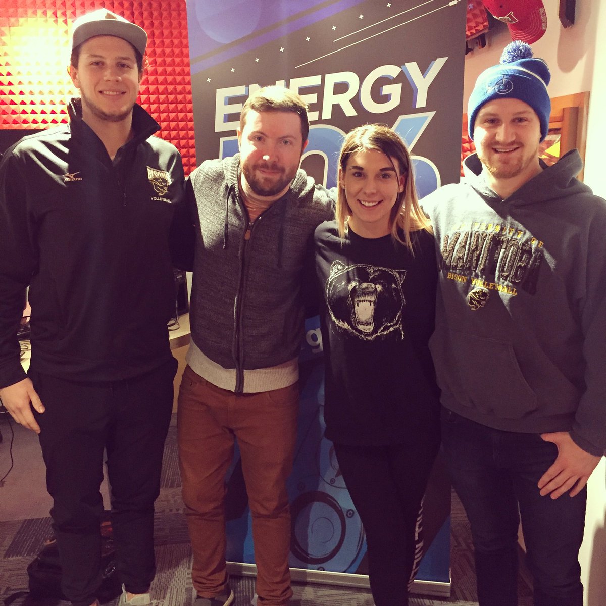 energy106fm's tweet photo. Thank you so much the @umbisons Men's Volleyball team for coming in! They are hosting the Canada West Final 4 this weekend! Kick some butt! https://t.co/fDeq89BvtM