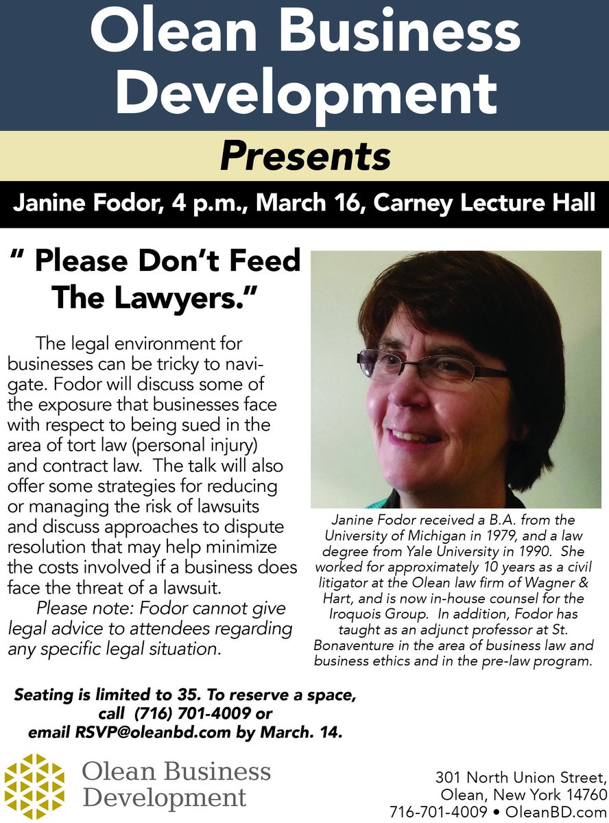 OleanBD's tweet photo. Have you registered for our upcoming talk "Please Don't Feed the Lawyers?" Email RSVP@oleanbd.com or call 716.701.4009. https://t.co/Mrd4t7AJpC