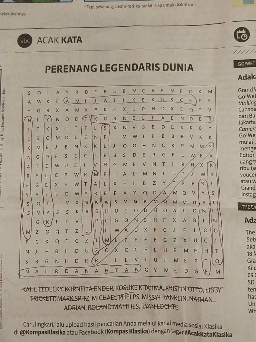 Kamis, 9 Maret 2017; Perenang Legendaris Dunia dalam Acak Kata <a href="/KompasKlasika/">Kompas Klasika</a>  #AcakKataKlasika