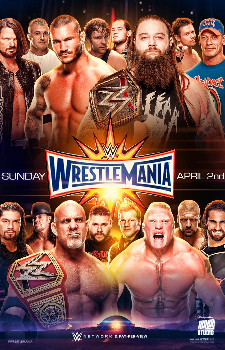 Mugsysam's tweet photo. The Poster on the left is a fan made poster 4 #Wrestlemania. 
The Poster on the right is the #WWE Poster for WM. 
The fan made poster's best https://t.co/ge3JCTGAwe