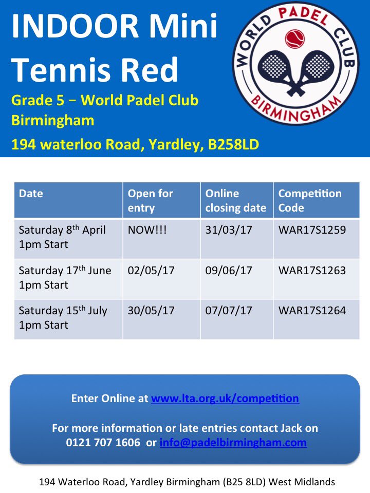PadelBirmingham's tweet photo. @MidsTennis check out our indoor Mini Tennis Red grade 5 tournaments coming up.
Get the dates in the dairy! https://t.co/mOxuEB5b5Y